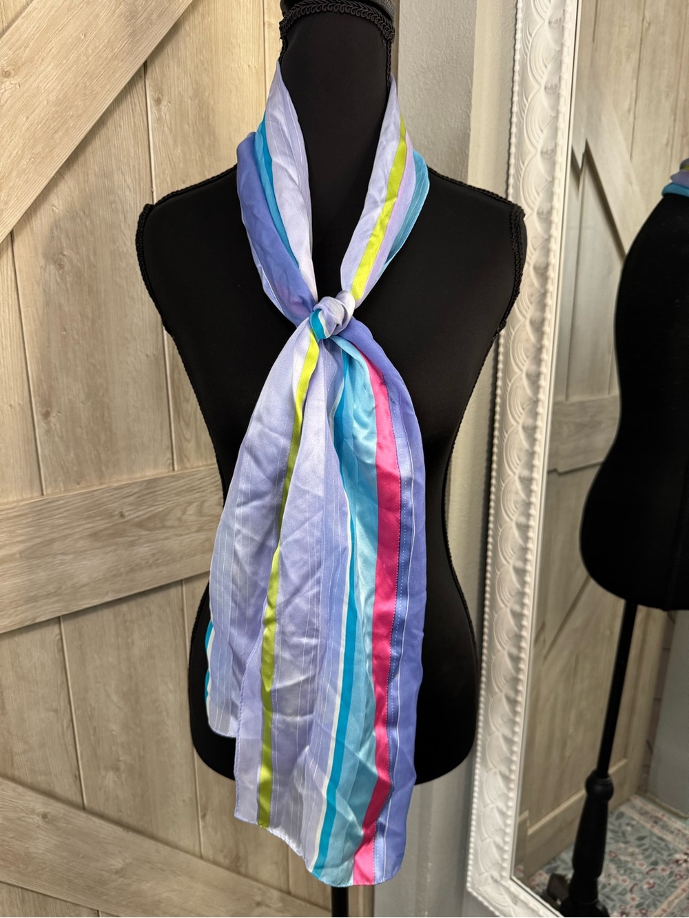 Y2K Liz Claiborne Oblong Satin Scarf Blue Pink Lime Striped